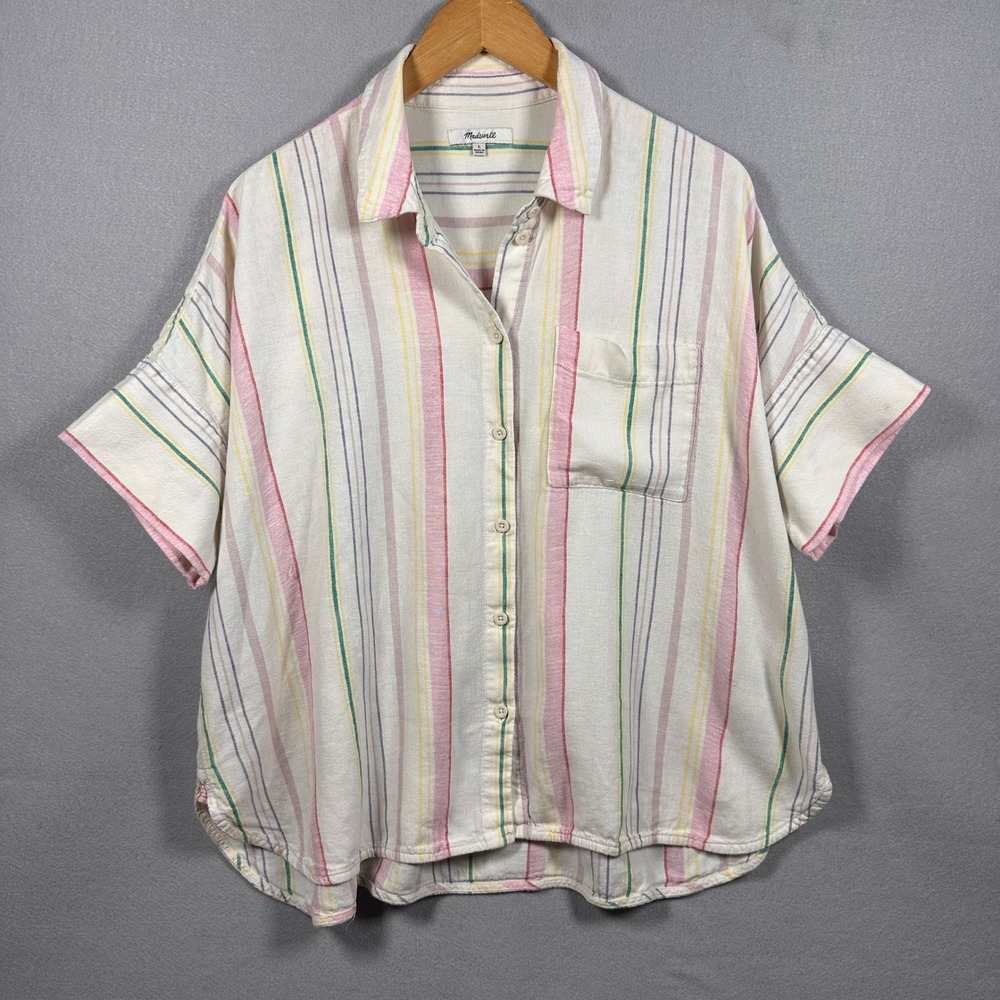 Madewell Oversized Linen Blend Multi Color Stripe Button Up Size L Shirt